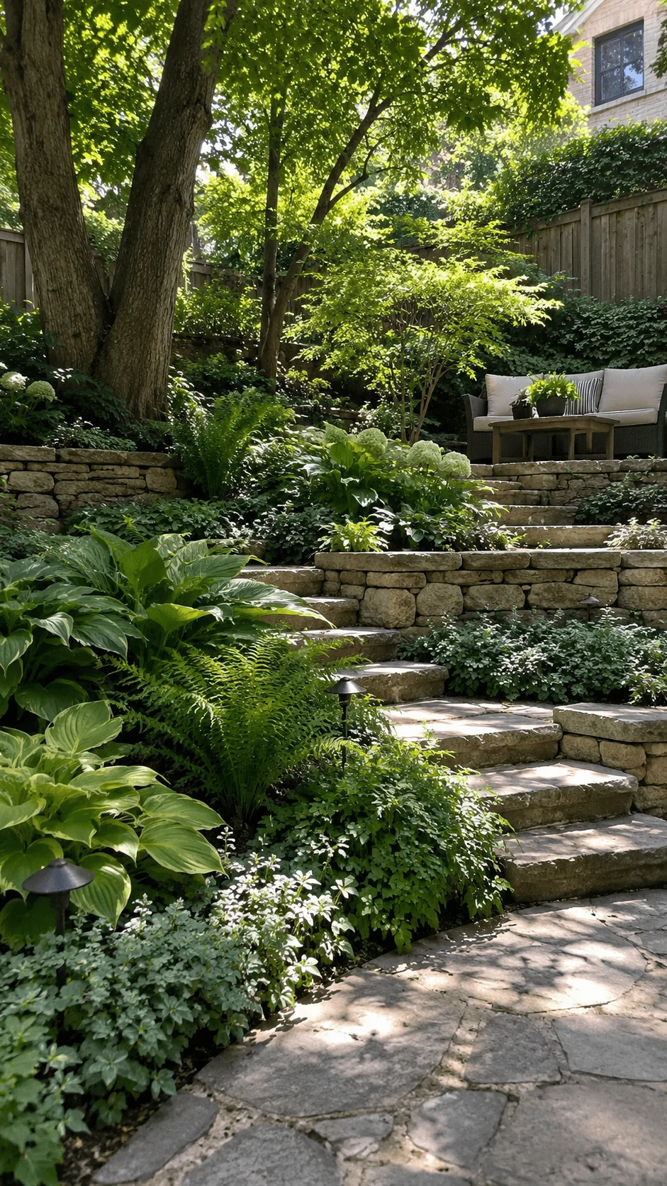 Low maintenance terraced backyard with layered shade planting, mature trees, hostas, ferns, ground covers, natural stone retaining walls, stone steps, garden lighting, and a cozy seating area