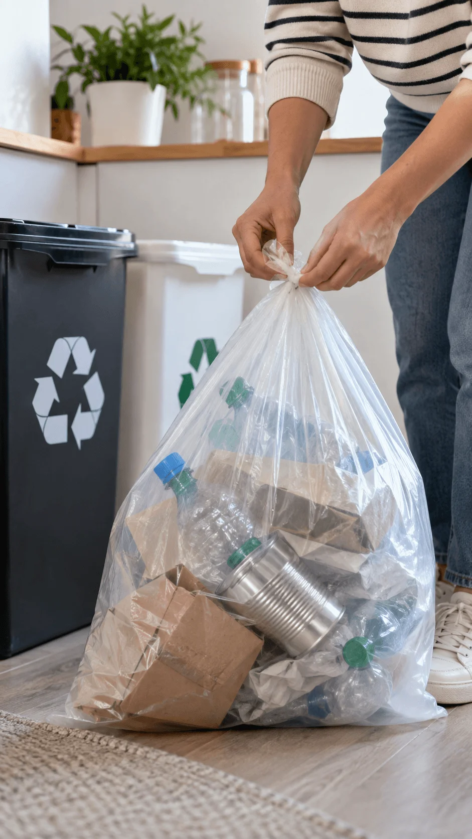 Ultra thin transparent recycling bag filled with plastic bottles cardboard paper and metal cans while a person ties the bag for disposal