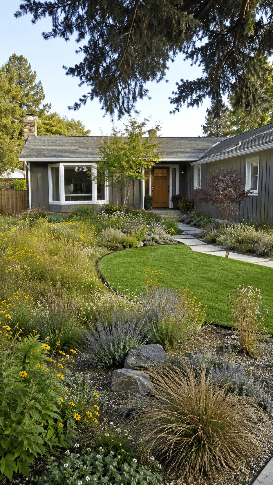 Low mow front yard garden with native wildflowers ornamental grasses curved lawn and stone walkway