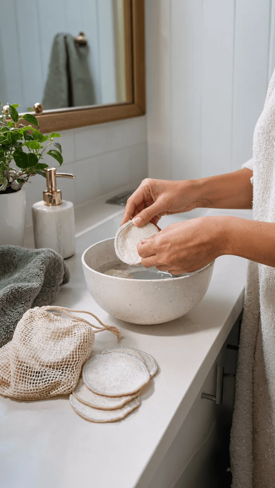 Person washing reusable cotton rounds in a bathroom with a bowl of water, mesh storage bag, natural soap dispenser and green plant