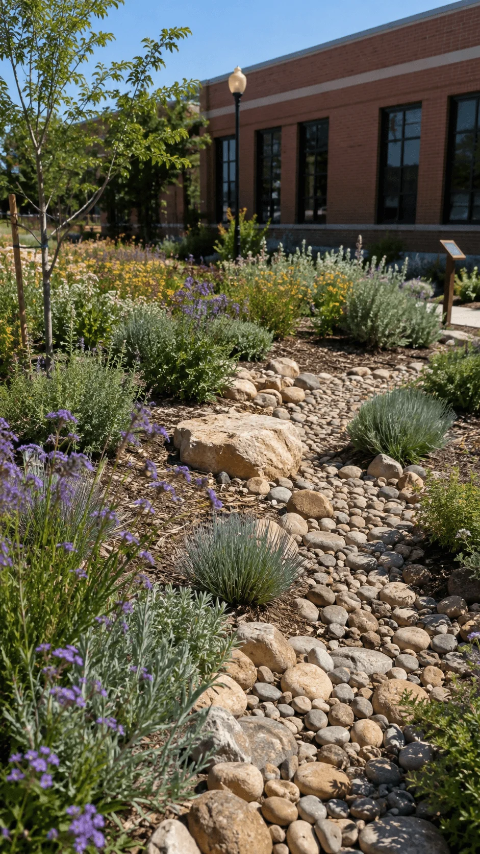 Low water xeriscape garden with drought tolerant plants lavender ornamental grasses mulch and a dry rock stream beside a high school building