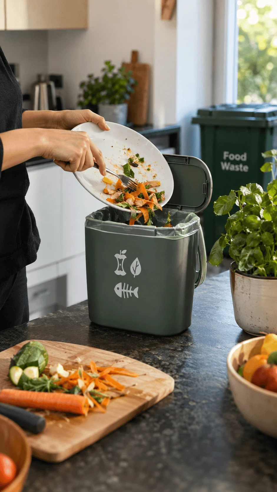 Person scraping vegetable and food scraps into a kitchen food waste caddy as part of sustainable household waste sorting.