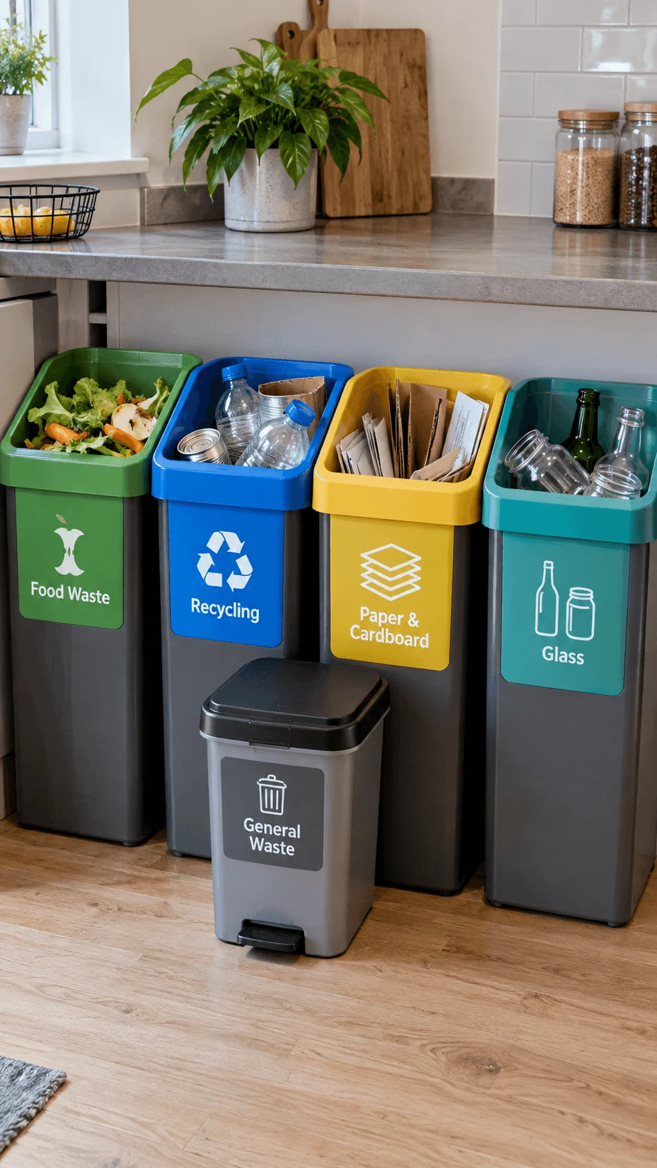 Eco friendly kitchen waste sorting system with large bins for food waste recycling paper cardboard and glass alongside a much smaller general waste bin