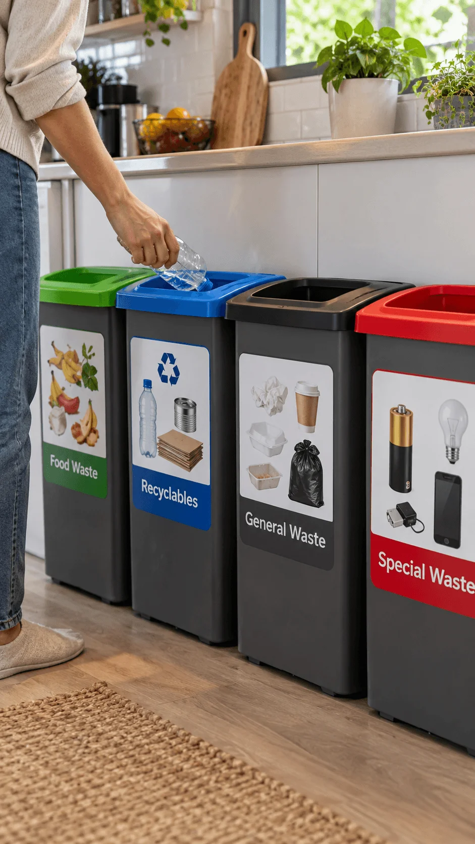 Person sorting a plastic bottle into clearly labeled household bins for food waste recyclables general waste and special waste in a modern kitchen