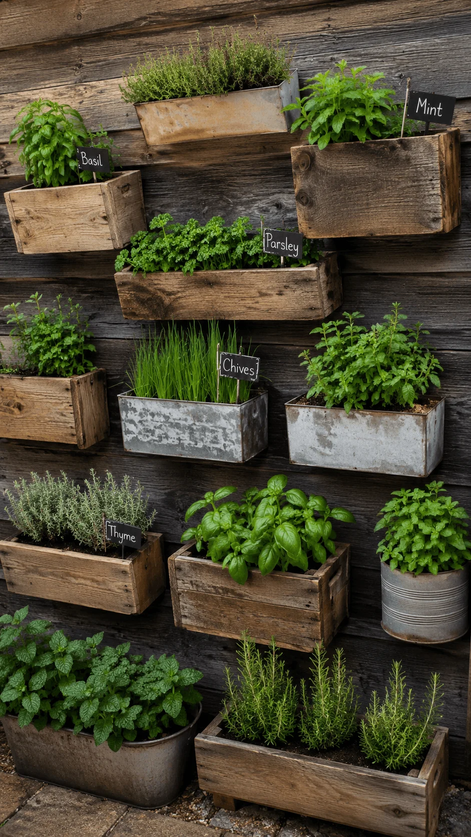 Upcycled herb wall with basil mint parsley chives thyme rosemary and other fresh herbs growing in reclaimed wooden boxes and metal containers