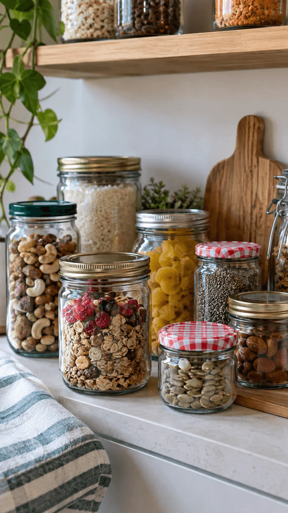 Mason jars and upcycled glass jars filled with oats nuts seeds dried fruit and pantry staples for sustainable food storage