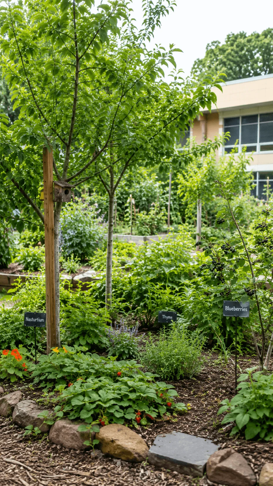 Mini school food forest with fruit trees berry bushes herbs groundcover plants and a birdhouse growing on school grounds