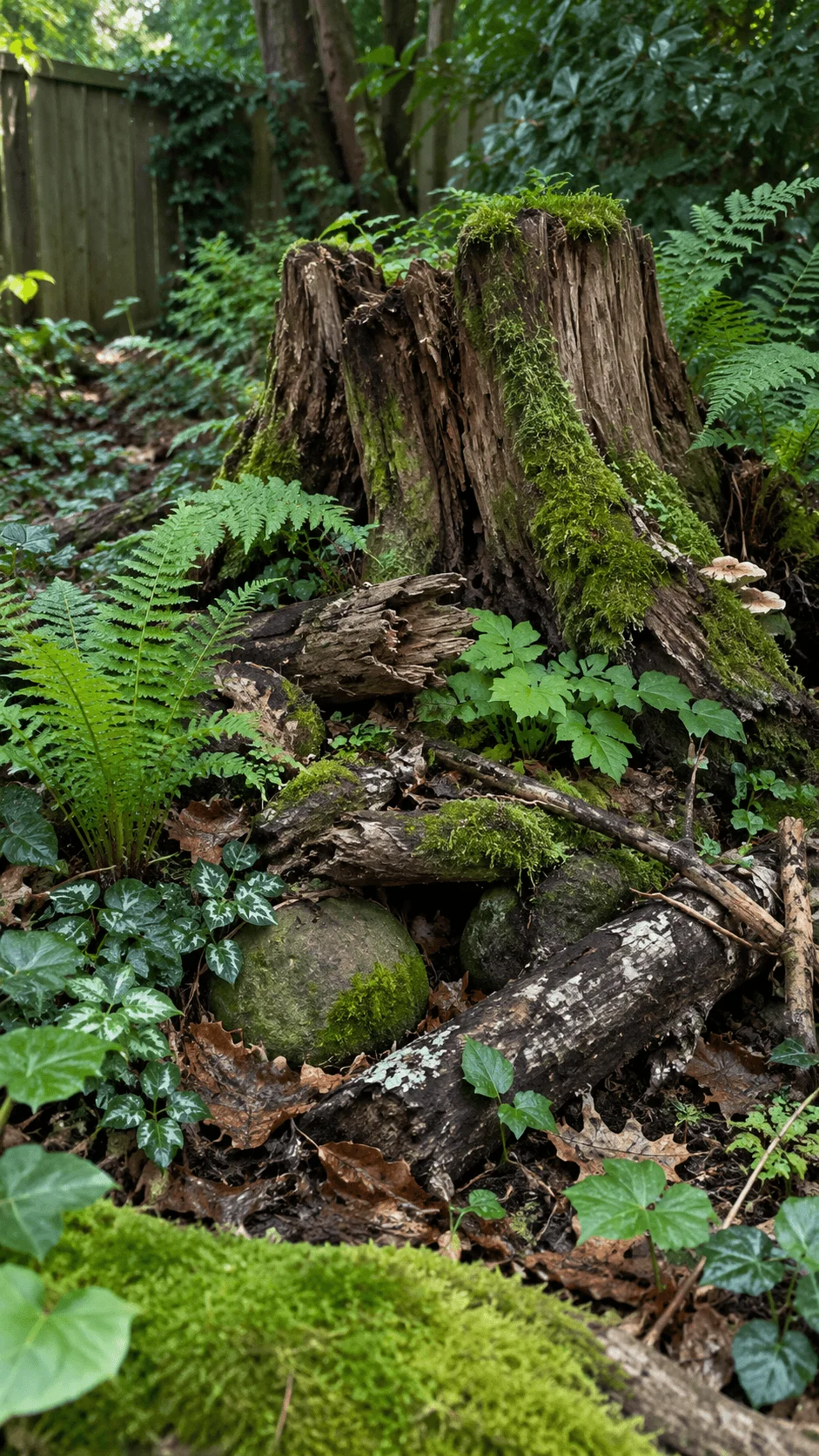 Mini stumpery wildlife garden with a moss covered tree stump fallen logs ferns stones and natural woodland plants
