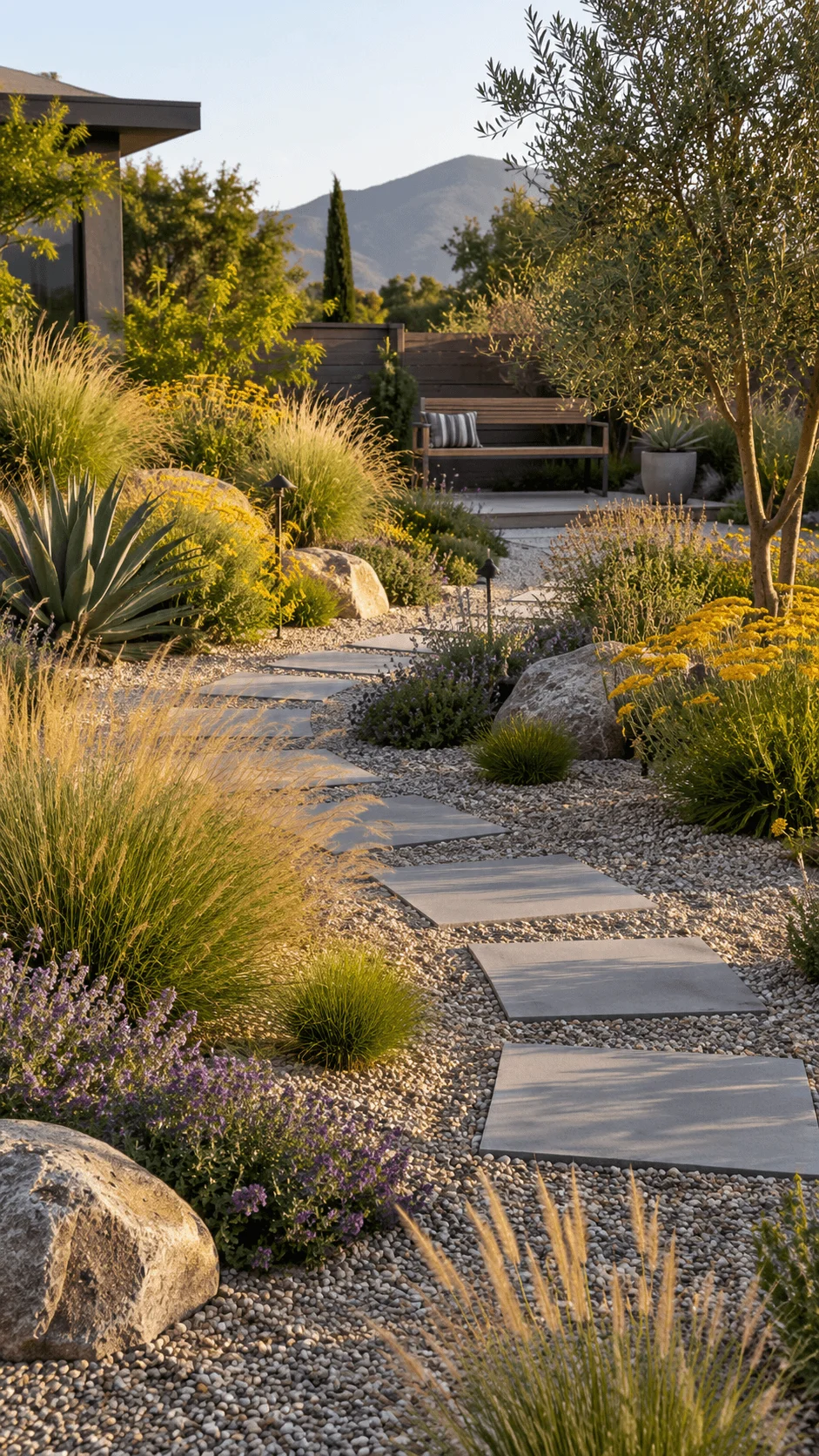 Modern gravel xeriscape garden with drought tolerant plants ornamental grasses yellow and purple flowers large natural rocks stepping stone path and outdoor seating area