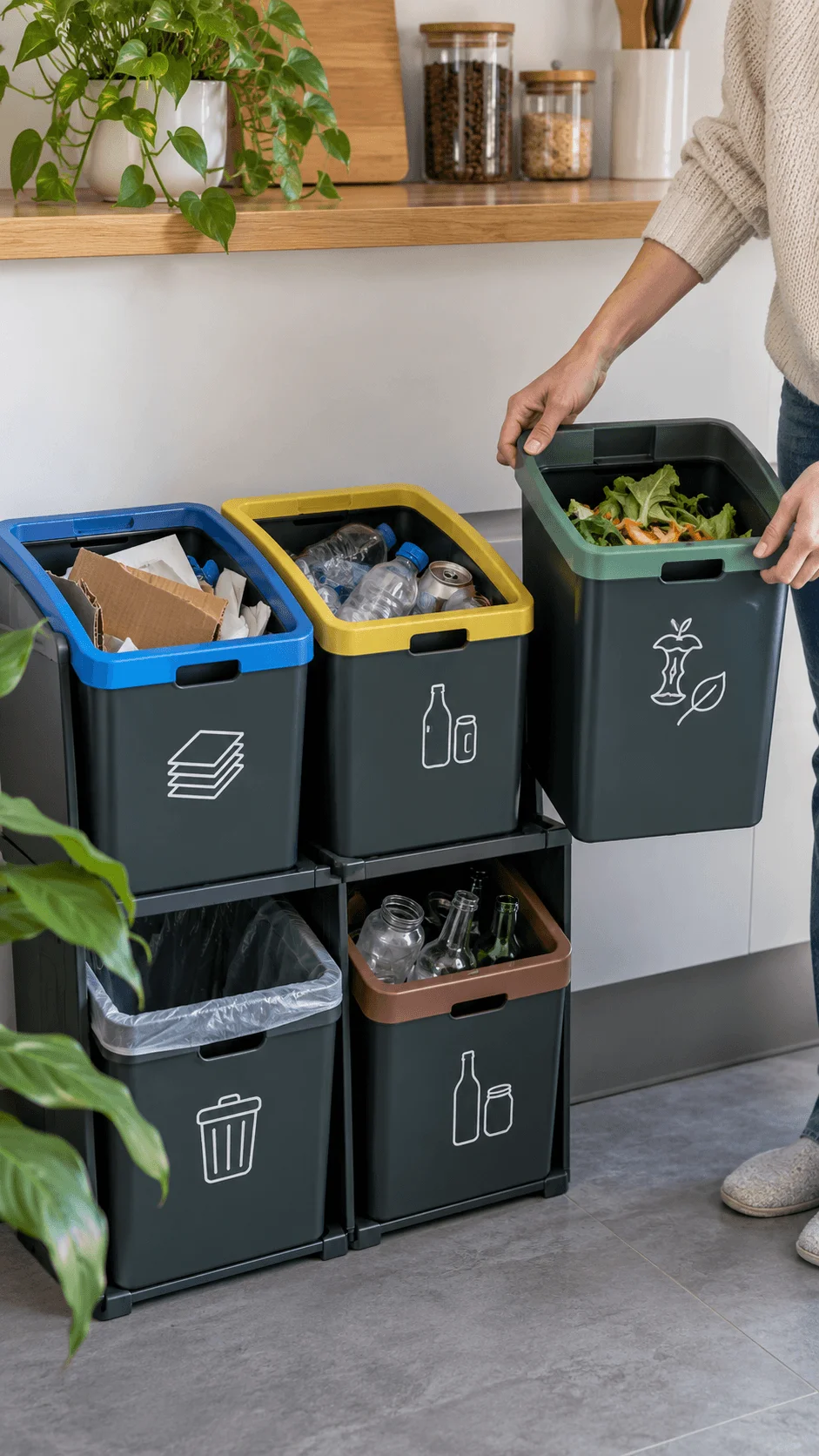 Modular eco friendly waste sorting boxes in a modern kitchen with separate compartments for paper bottles glass food scraps and general waste