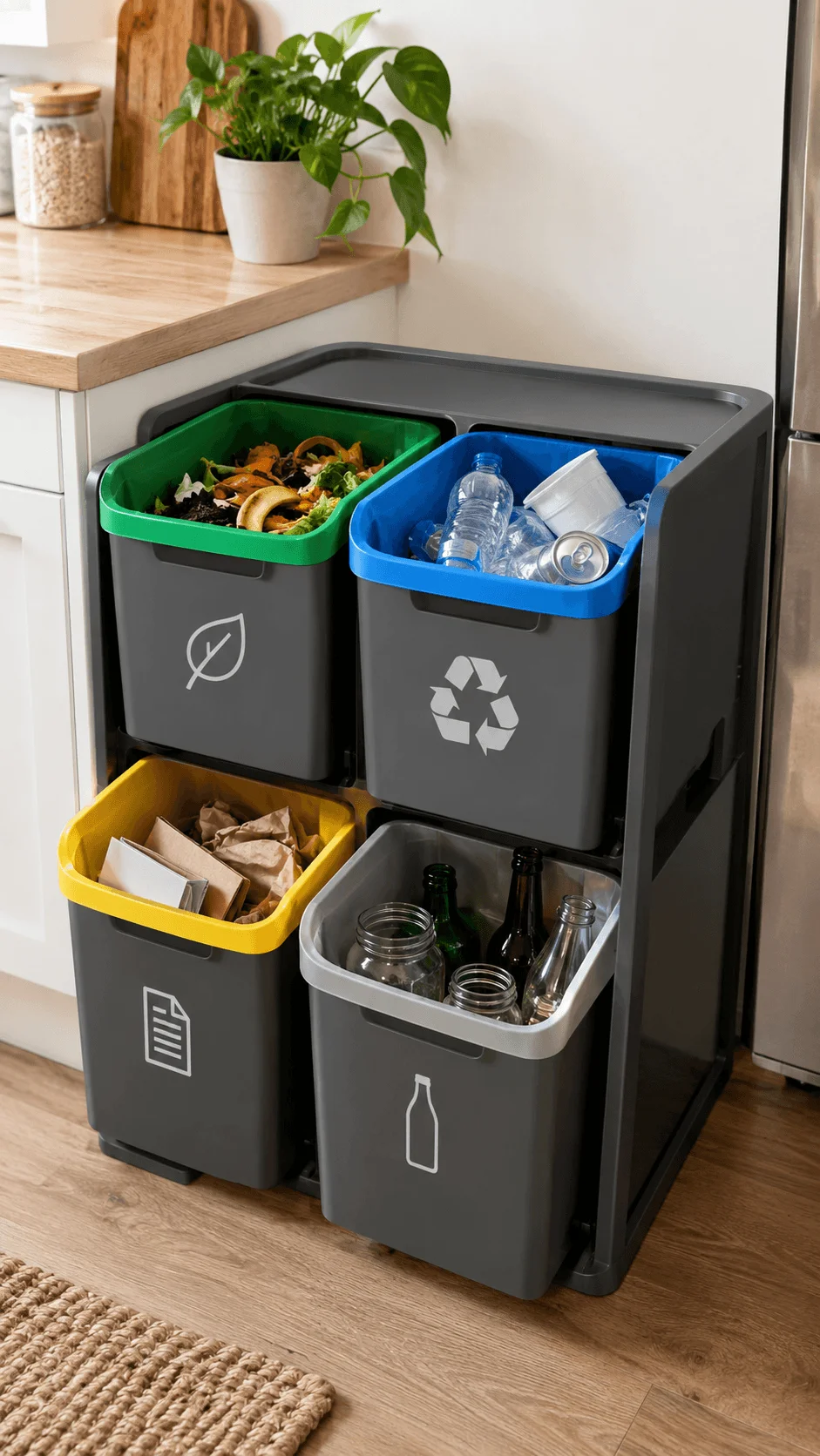 Modular multi compartment waste sorting baskets for organic waste plastic paper and glass in a modern eco friendly kitchen