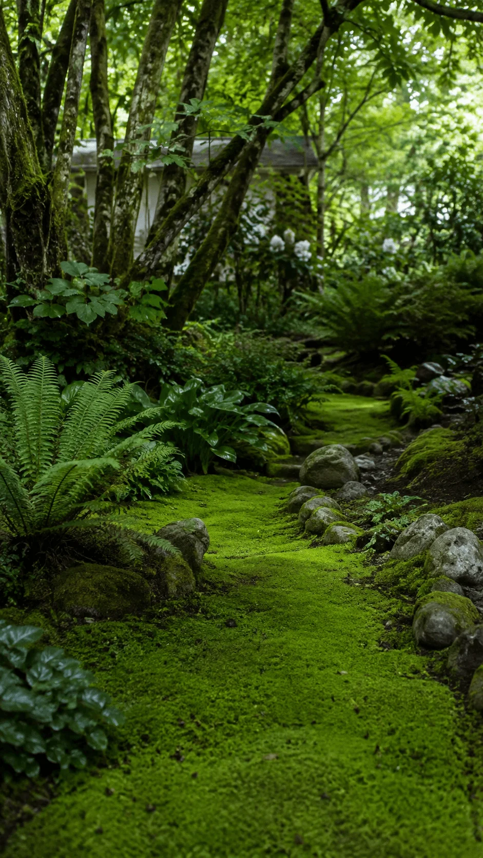 Moss covered ground with lush ferns shade trees and natural rocks creating a peaceful eco friendly woodland garden