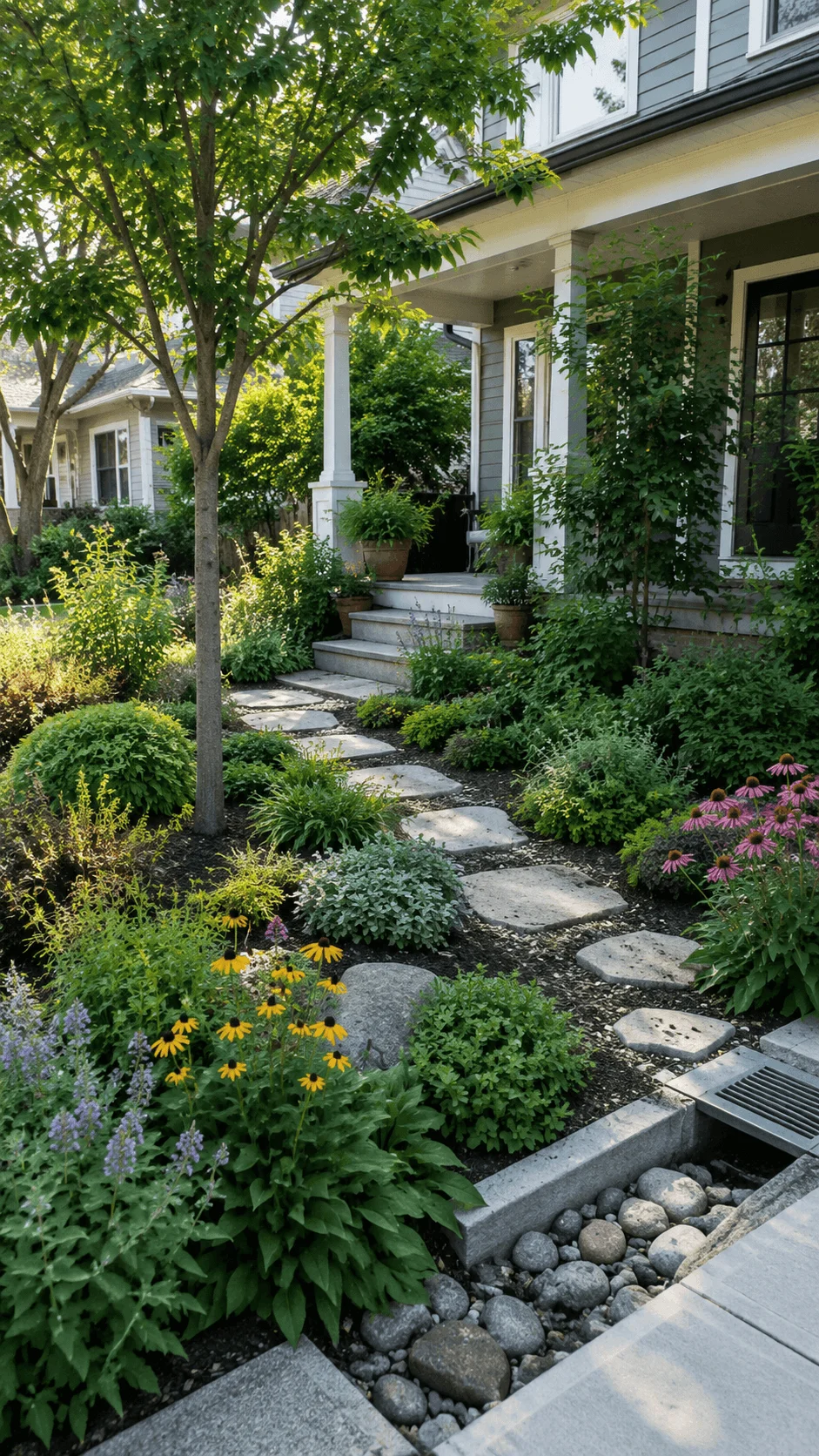 Multifunctional eco friendly front yard garden with native flowers layered greenery shade tree stone pathway and rainwater drainage feature