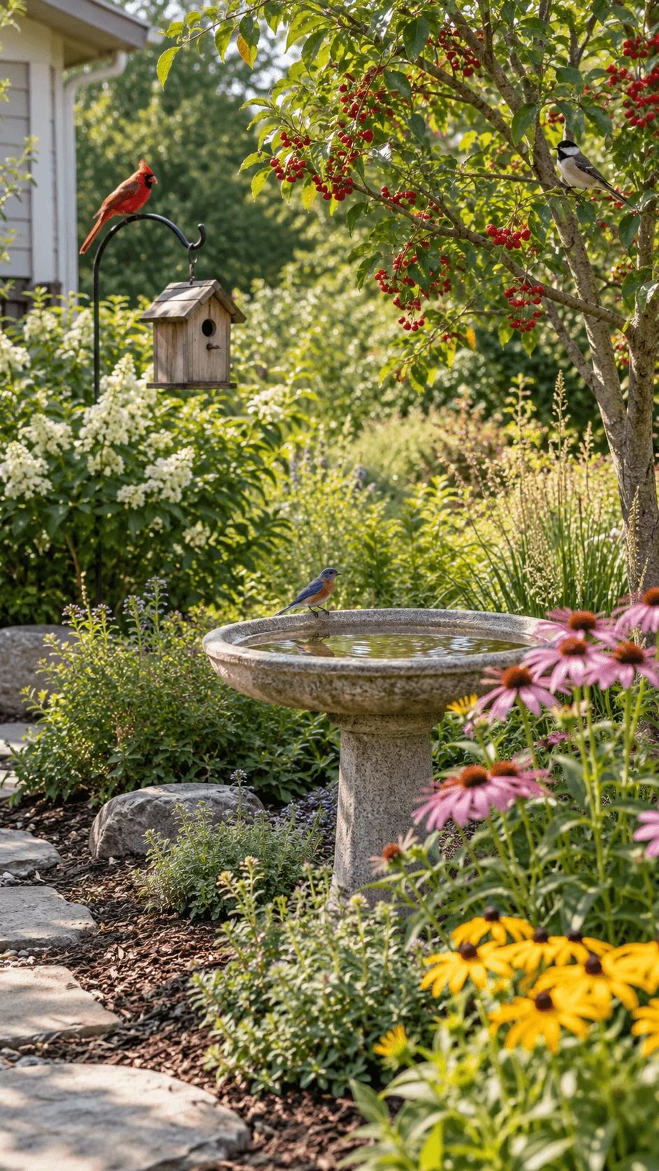 Native bird habitat garden with colorful native flowers, berry producing tree, birdbath, wooden birdhouse, and several birds surrounded by lush greenery