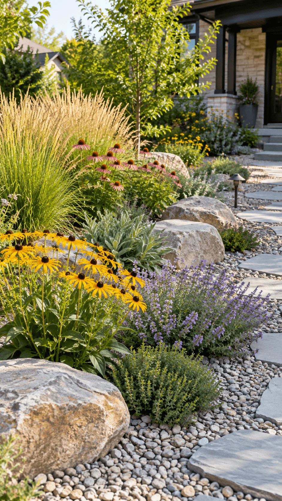 Native gravel garden with colorful native flowers, ornamental grasses, large natural rocks, gravel groundcover, and stepping stone path beside a modern home