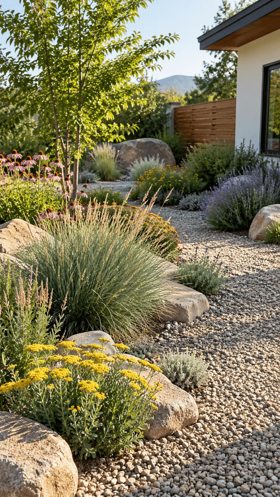Native gravel garden with drought tolerant native flowers, ornamental grasses, large natural rocks, gravel pathways, and a modern eco friendly landscape