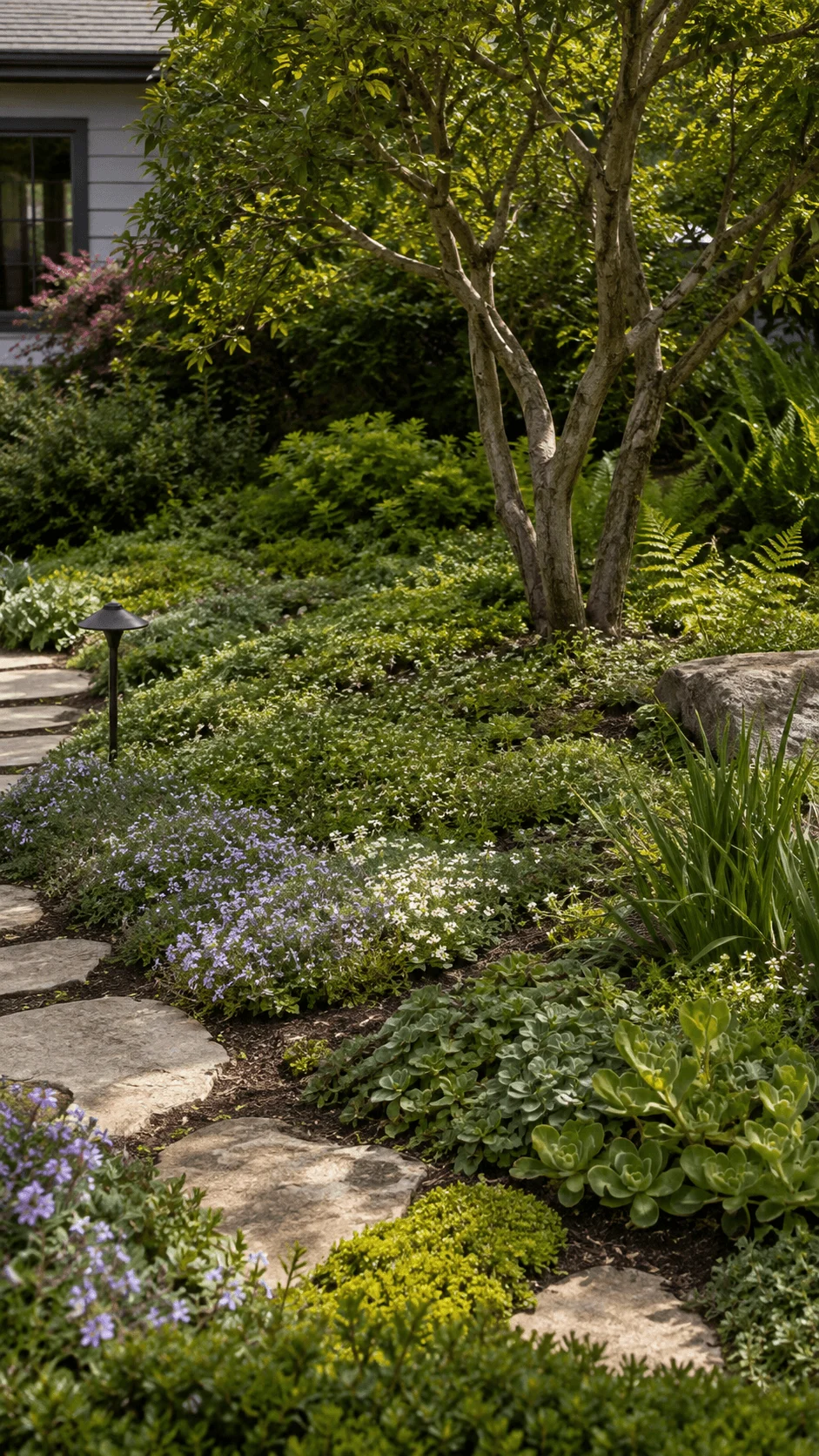 Native ground cover garden with flowering plants lush greenery shade trees and a natural stone pathway