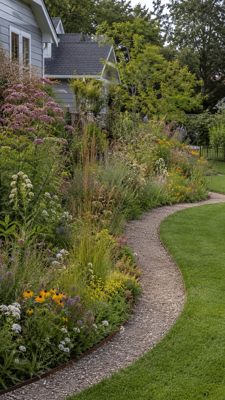 Native meadow garden with colorful wildflowers, tall grasses, a curved gravel path, and a neatly maintained lawn beside a suburban home