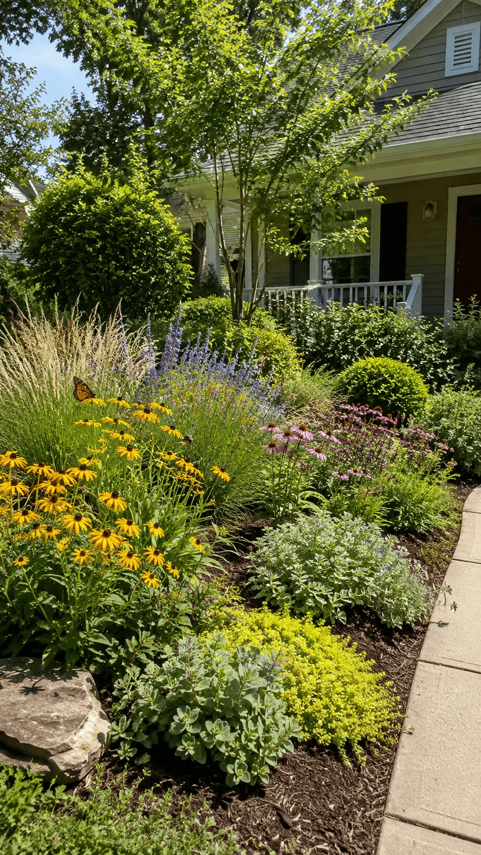 Native plant front yard garden with colorful wildflowers ornamental grasses shrubs and butterfly beside a curved walkway