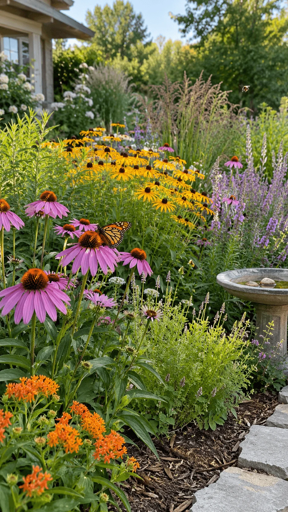 Native pollinator garden with purple coneflowers, black eyed Susans, orange butterfly weed, native grasses, a monarch butterfly, bee, and birdbath surrounded by lush plants