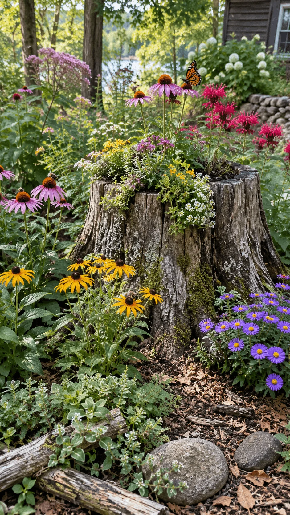 Native pollinator tree stump garden surrounded by colorful wildflowers with bees and a monarch butterfly in a natural backyard setting