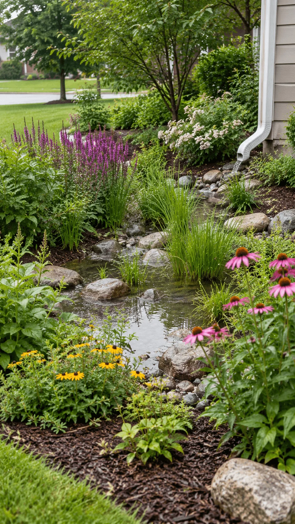 Native rain garden with colorful native flowers, lush grasses, natural rocks, shallow rainwater basin, and a downspout directing water into the landscaped garden