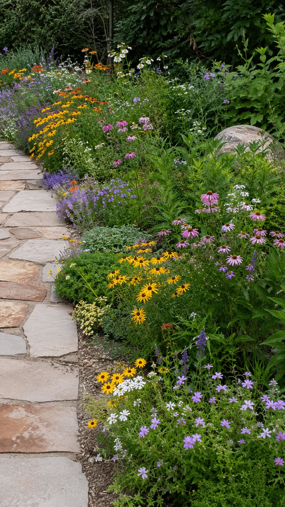 Native wildflower ground cover with colorful pollinator friendly flowers growing beside a natural stone garden pathway