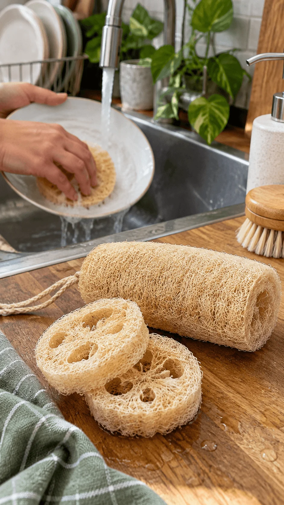 Natural loofah scrubbers beside a kitchen sink while a person washes a plate with a loofah sponge under running water.