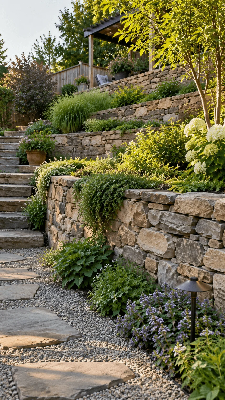 Natural stone retaining walls in an eco friendly terraced backyard with lush layered planting, stone steps, gravel paths, flowering plants, ornamental grasses, small trees, and a shaded pergola seating area