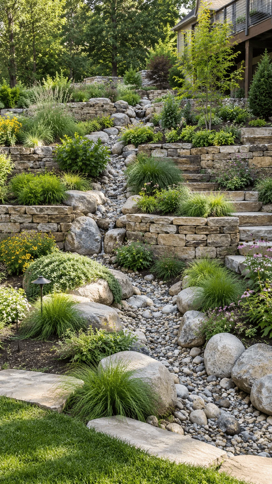 Natural terraced garden with a winding dry creek bed, large rocks, stone retaining walls, ornamental grasses, native flowers, lush greenery, and stone steps on a sloped backyard