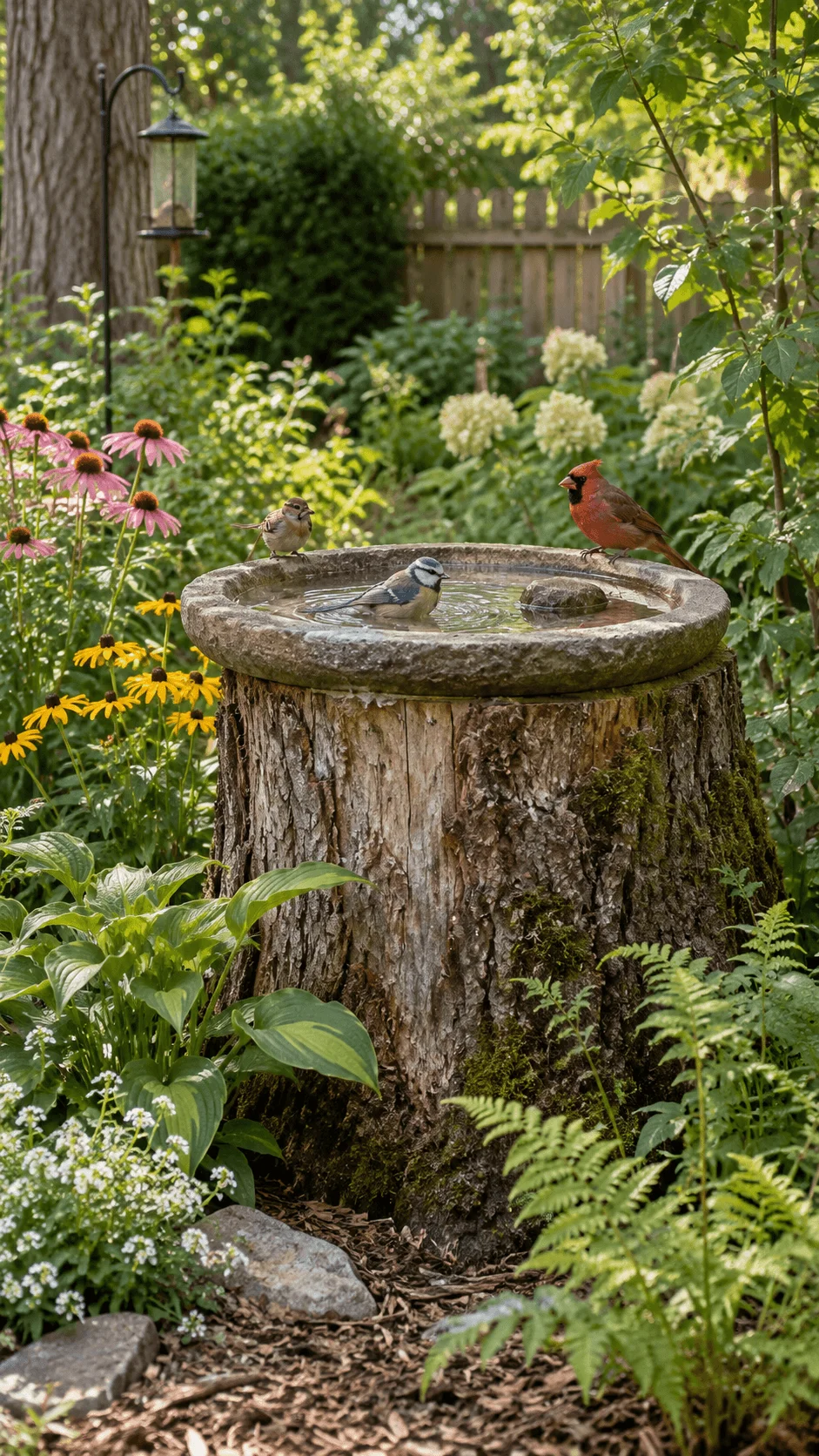 Natural tree stump bird bath with small birds surrounded by ferns wildflowers and lush garden plants