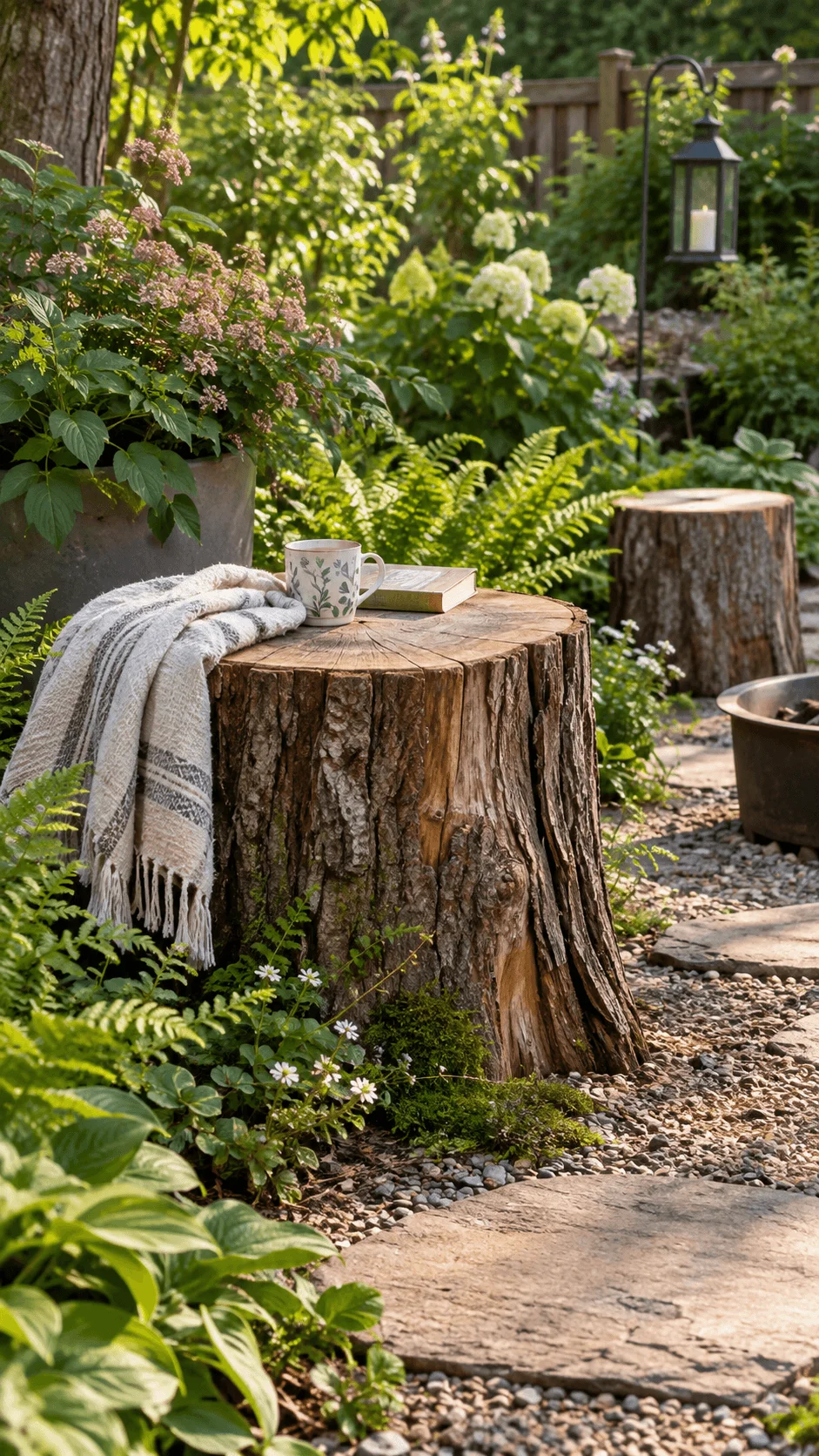 Natural tree stump garden seat with a smooth wooden top surrounded by ferns flowers gravel and lush backyard plants
