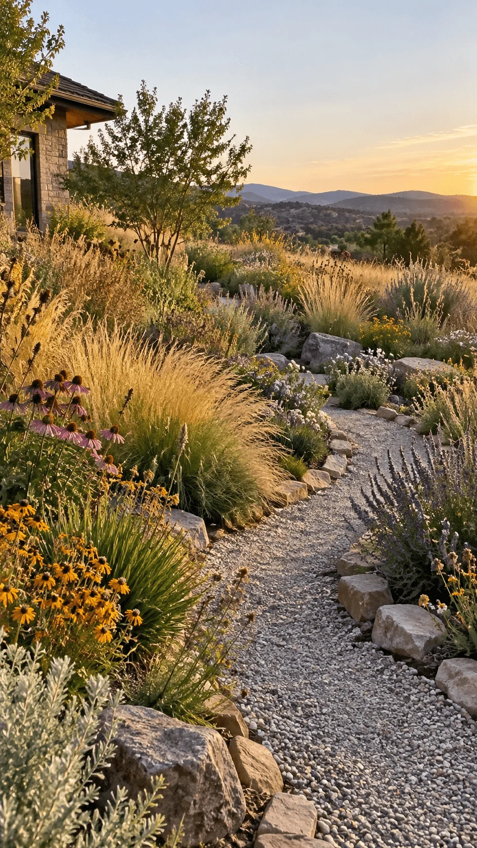 Naturalistic meadow style xeriscape garden with ornamental grasses purple coneflowers yellow wildflowers drought tolerant plants gravel path natural stones and sunset mountain views
