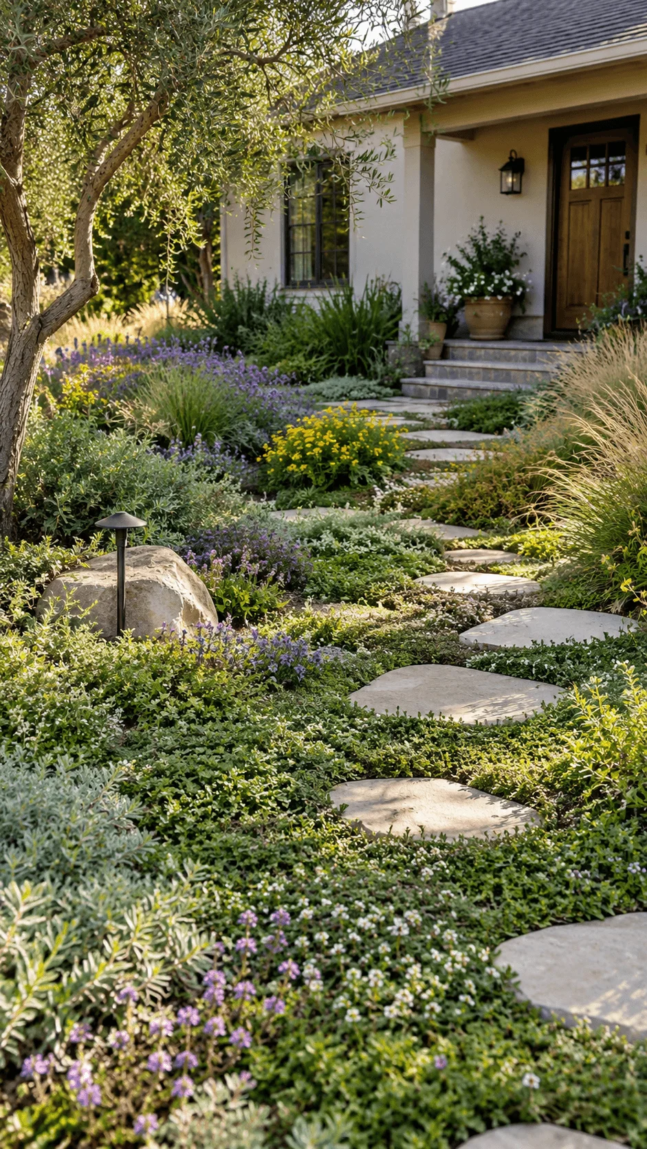 No lawn xeriscape garden with lush living groundcovers colorful flowers ornamental grasses natural stone stepping path and drought tolerant landscaping