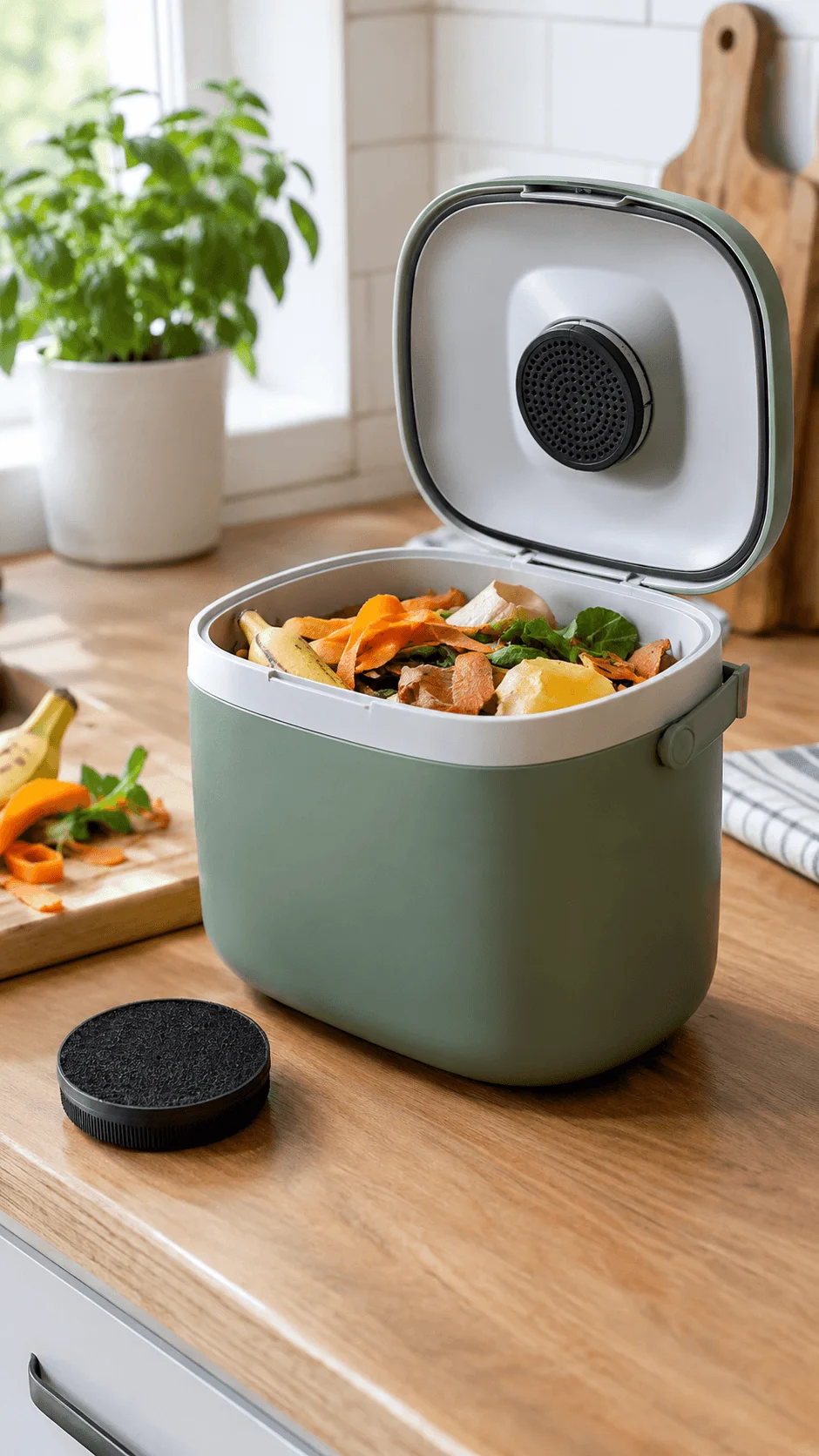 Odor control kitchen waste bowl with a lid and carbon filter for collecting organic food scraps