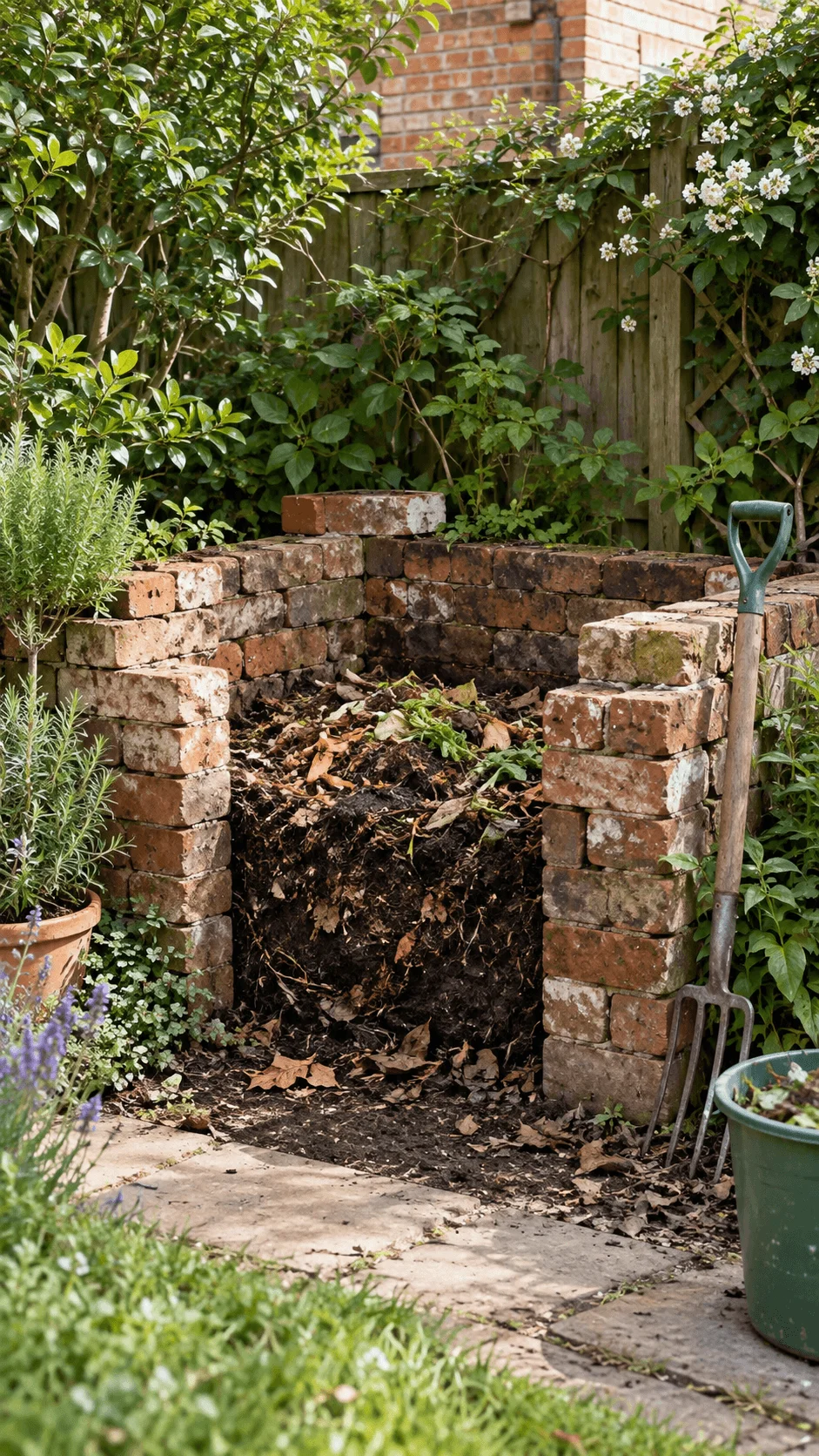 Old brick composting corner filled with garden waste leaves and organic material surrounded by lush plants herbs and climbing flowers