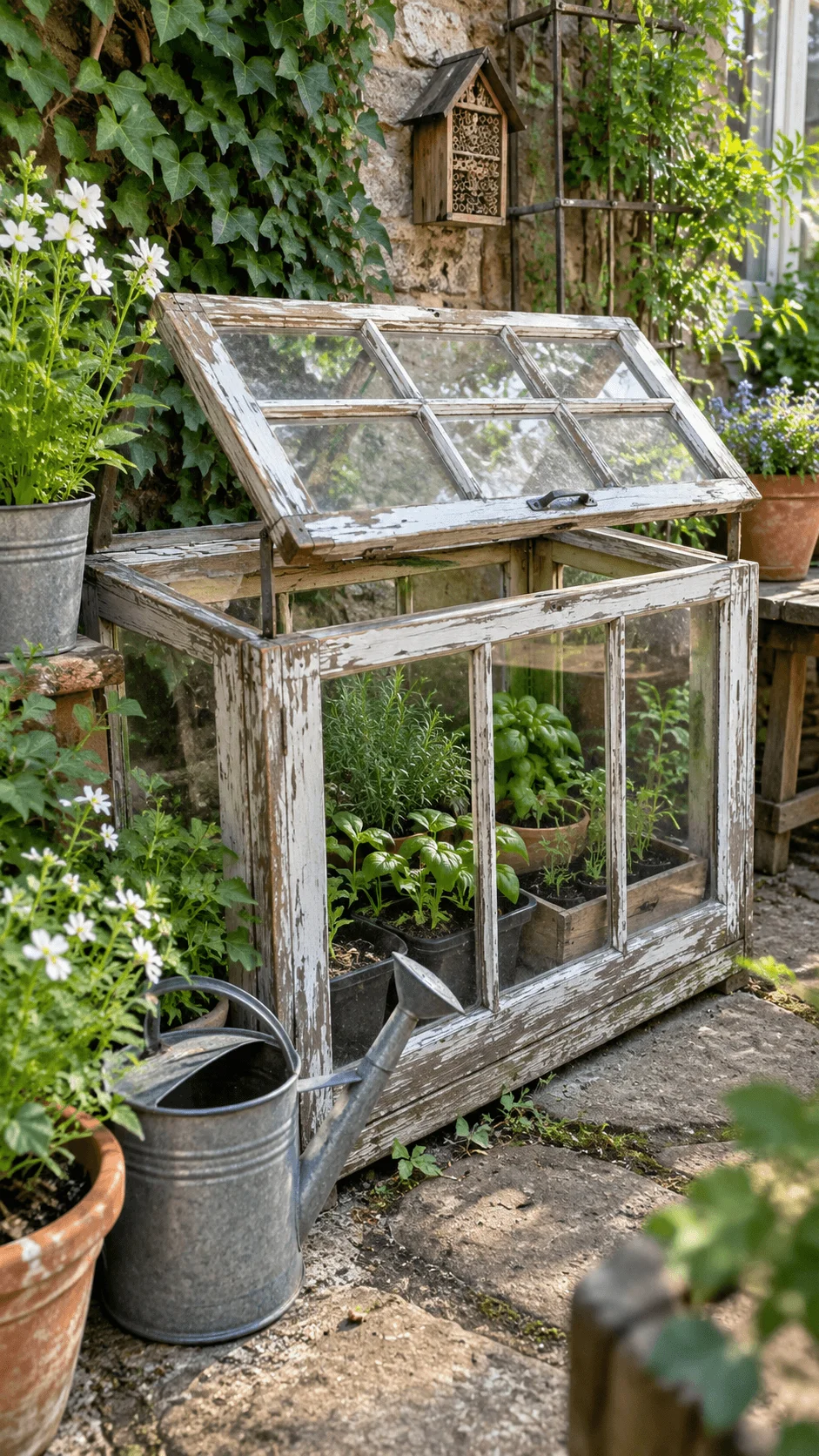 Old window mini greenhouse made from reclaimed wooden window frames with glass panels protecting herbs and young plants in a rustic garden setting