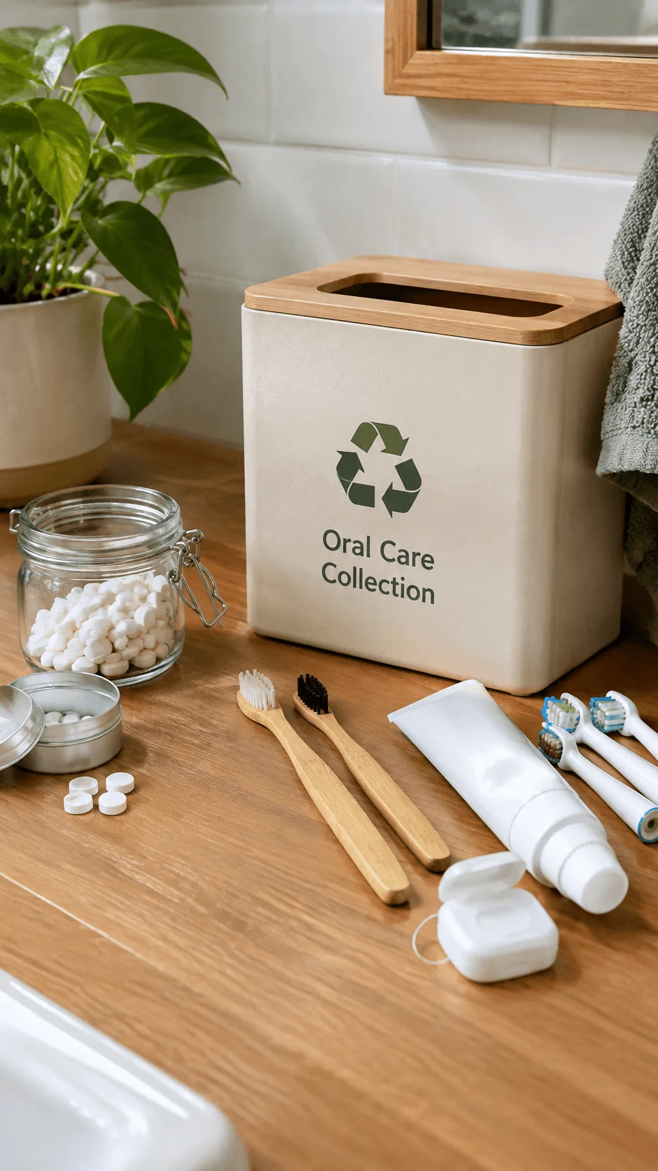 Bathroom oral care recycling station with a sorting box, bamboo toothbrushes, toothpaste tablets, reusable containers and recyclable dental care items on a wooden counter