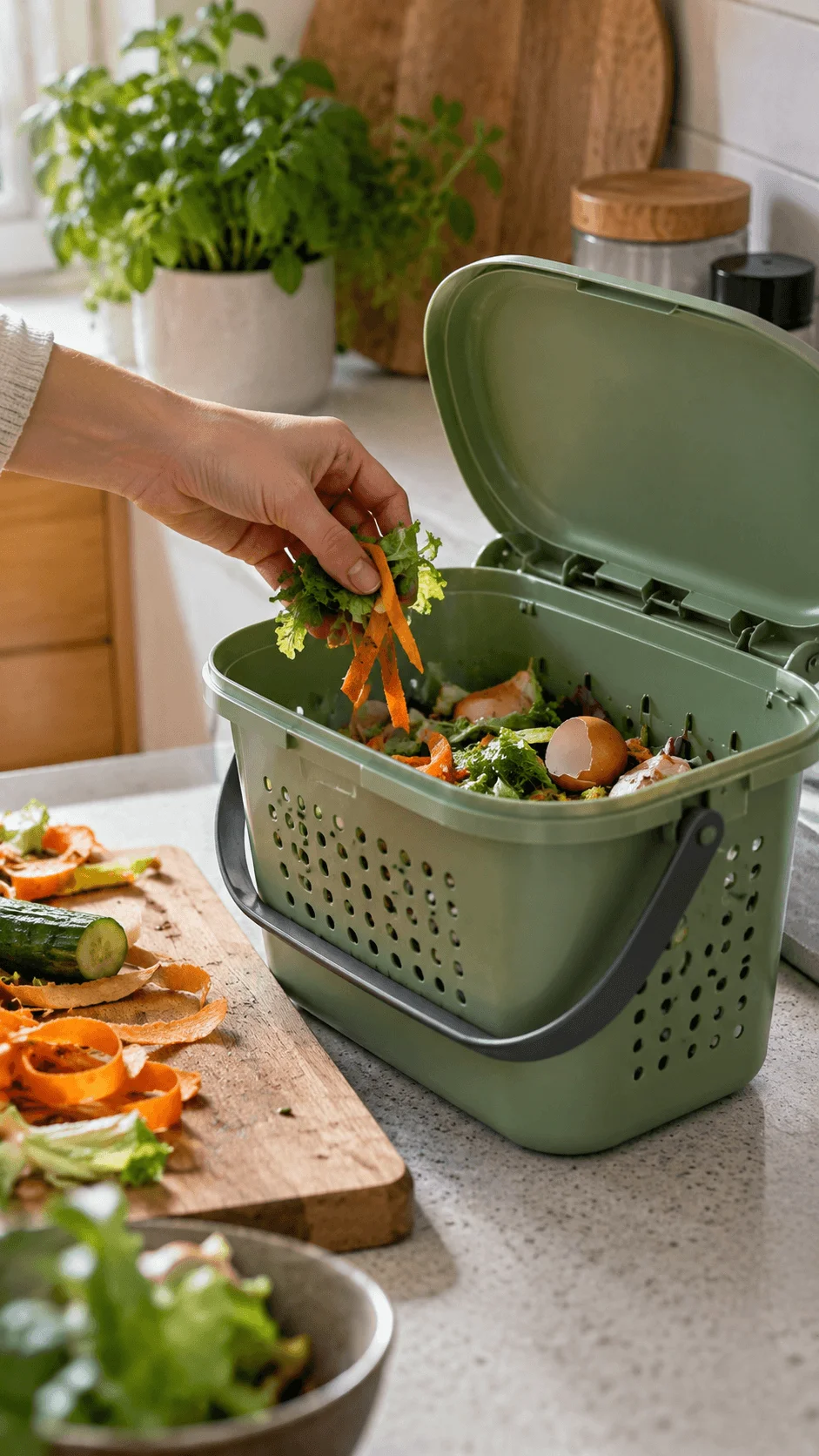 Ventilated organic waste sorting basket filled with vegetable peels and food scraps on a kitchen countertop