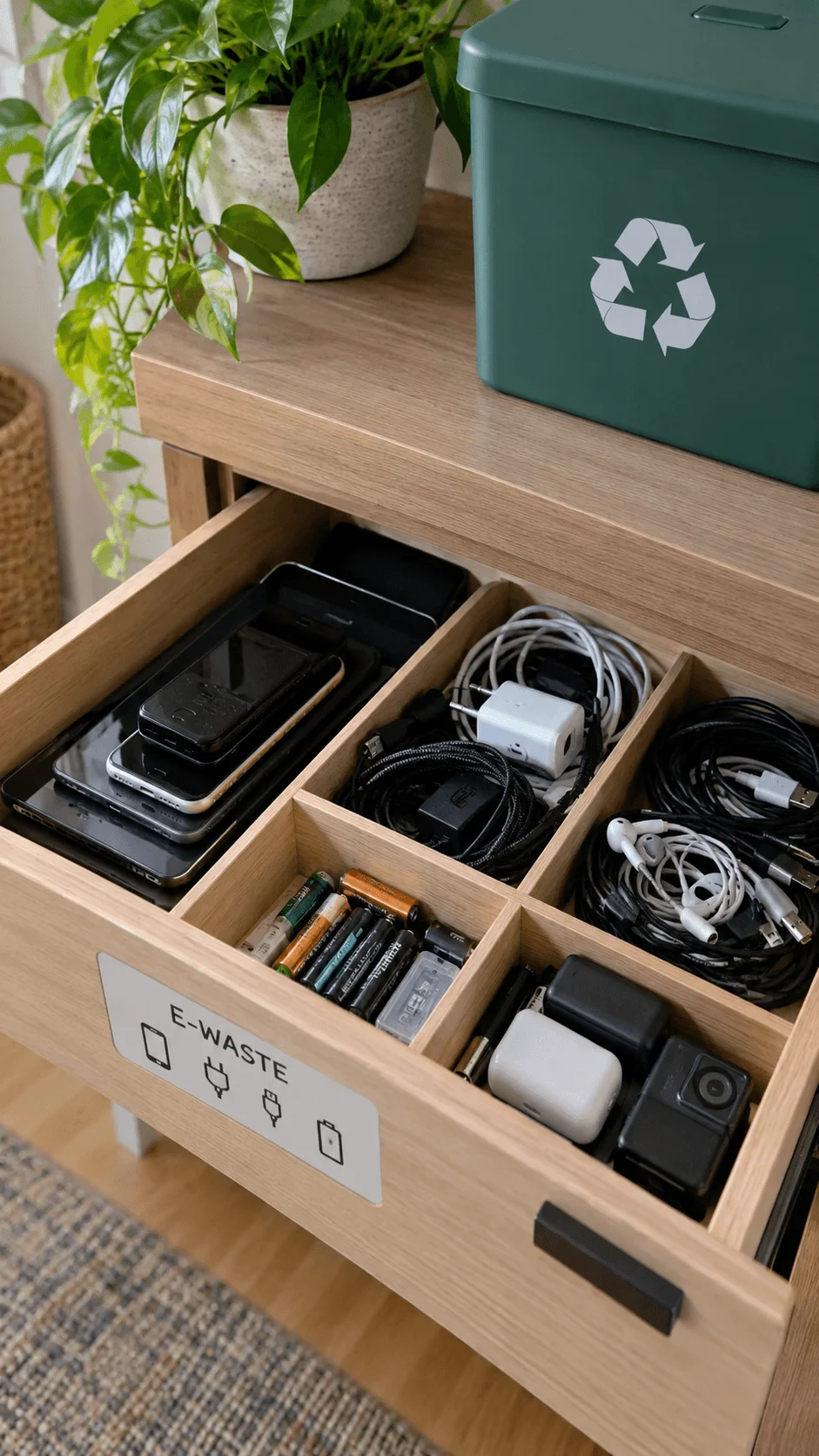 Dedicated electronic waste sorting drawer organized with old phones chargers cables batteries and small electronic devices for responsible recycling.