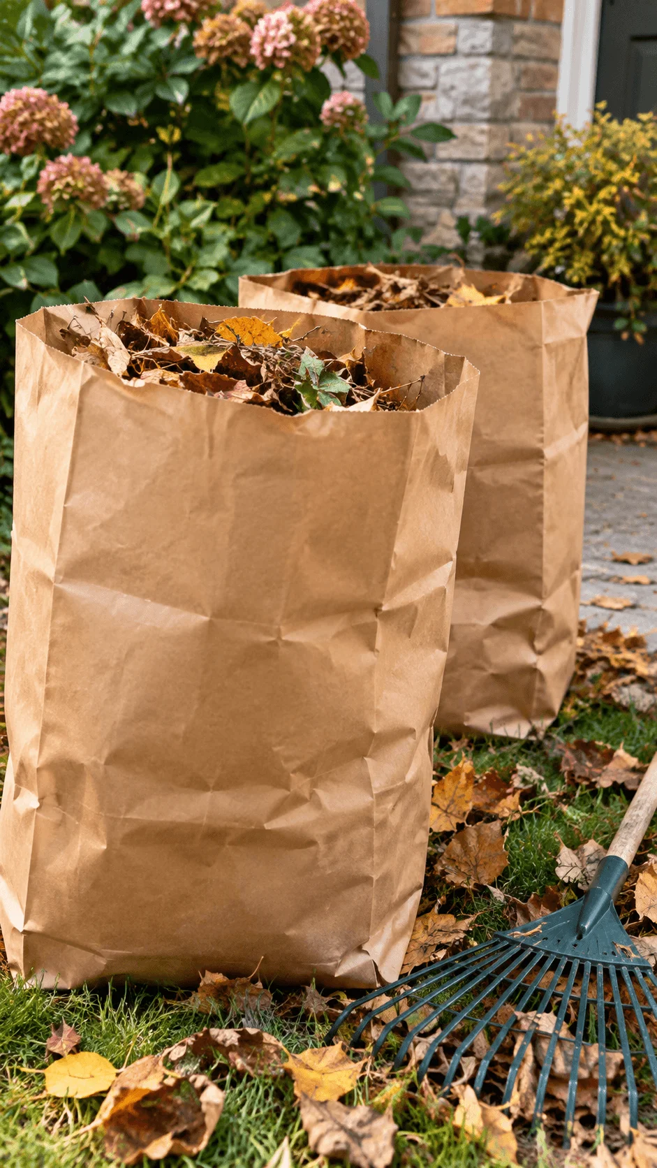Paper waste sorting bags filled with dry leaves and garden waste beside a rake in a green backyard garden