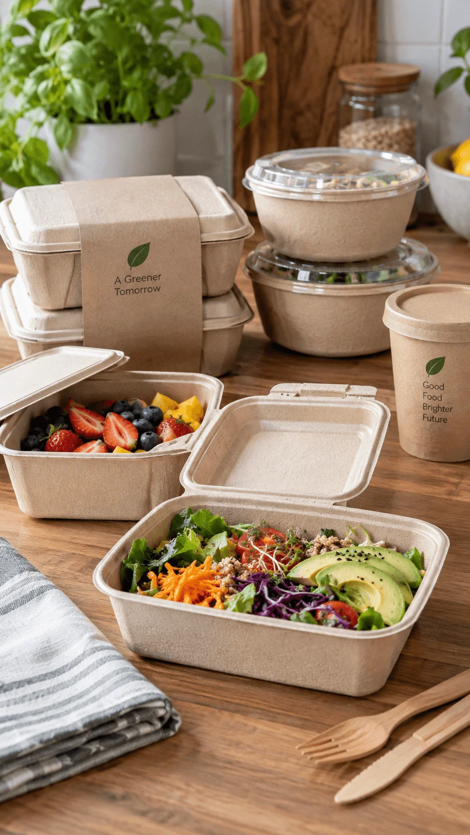 Plant based and compostable food containers filled with fresh salad fruit and grains as sustainable alternatives for eco friendly food storage