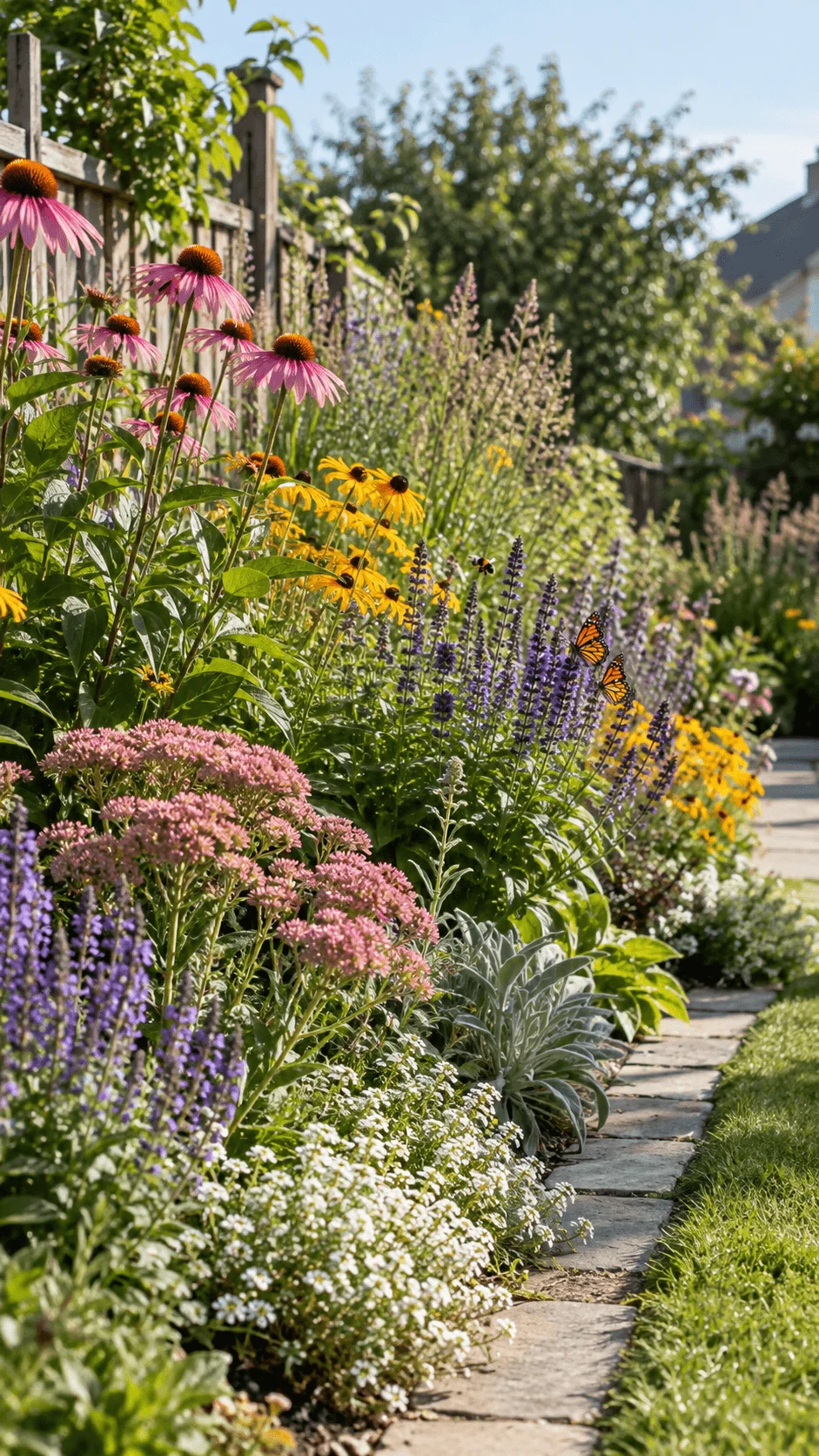 Climate resilient pollinator flower border with purple coneflowers black eyed Susans pink sedum purple salvia white flowers butterflies and a natural stone path
