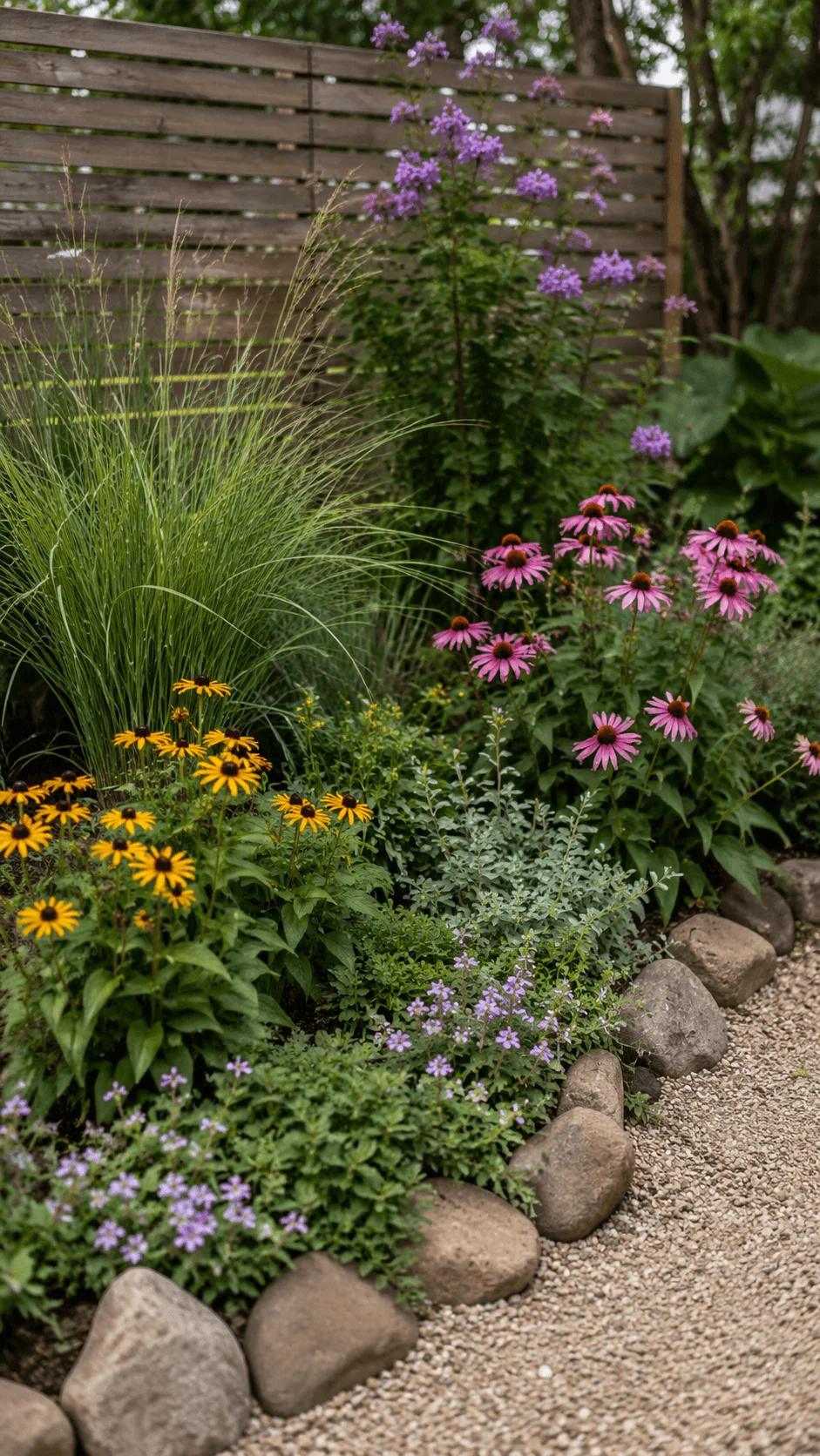 Mini native plant garden with purple coneflowers black eyed Susans ornamental grasses and low growing flowers beside a natural stone border and gravel path