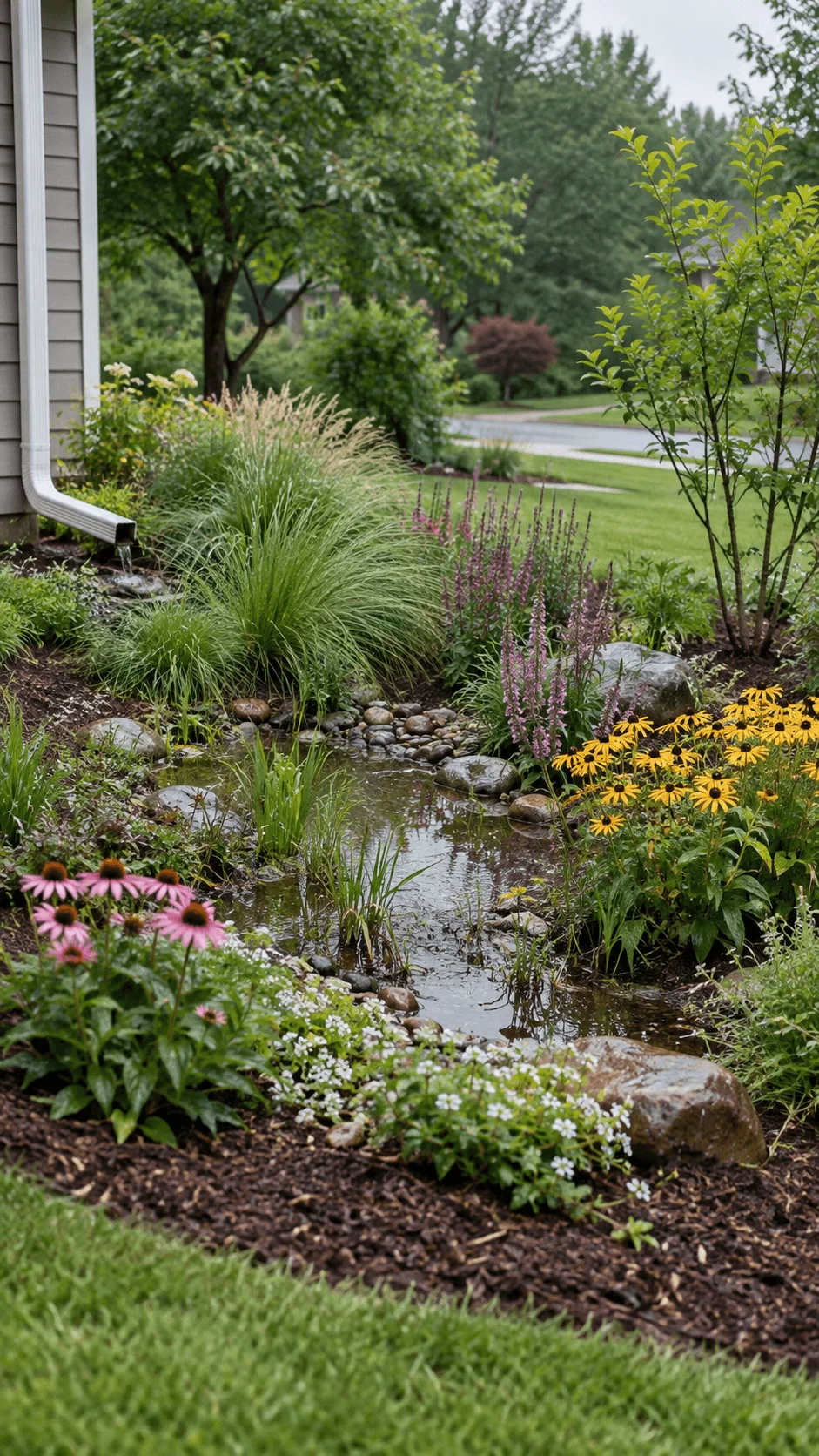 Eco friendly rain garden with native flowering plants, ornamental grasses, natural rocks and a shallow basin collecting rainwater from a house downspout
