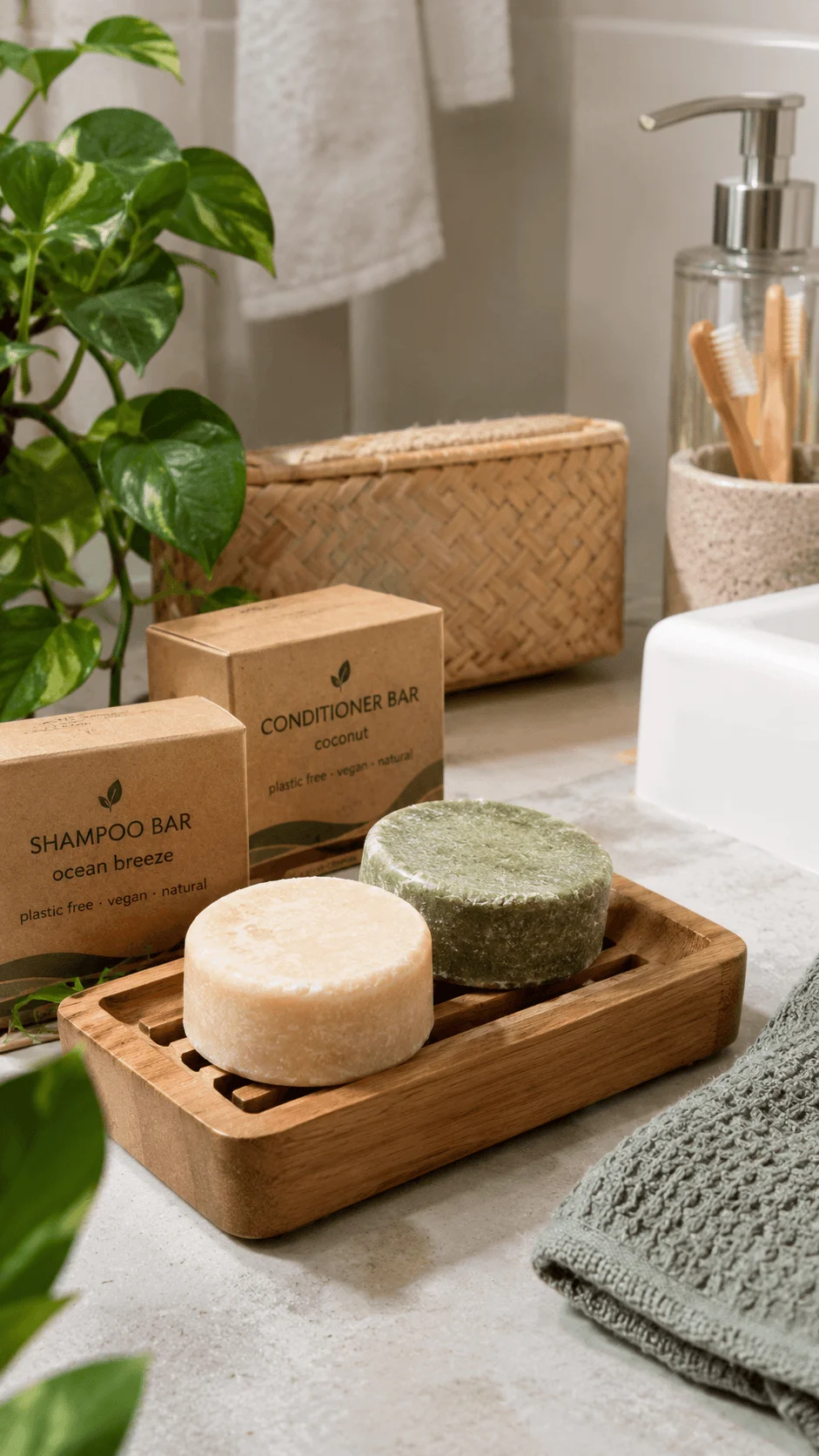 Plastic free bathroom setup with shampoo and conditioner bars on a wooden soap dish, woven basket, bamboo toothbrushes and green plant