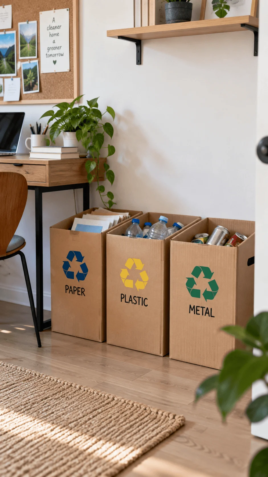 Plastic free cardboard recycling sorting boxes for paper plastic and metal in a bright home office with plants and natural decor