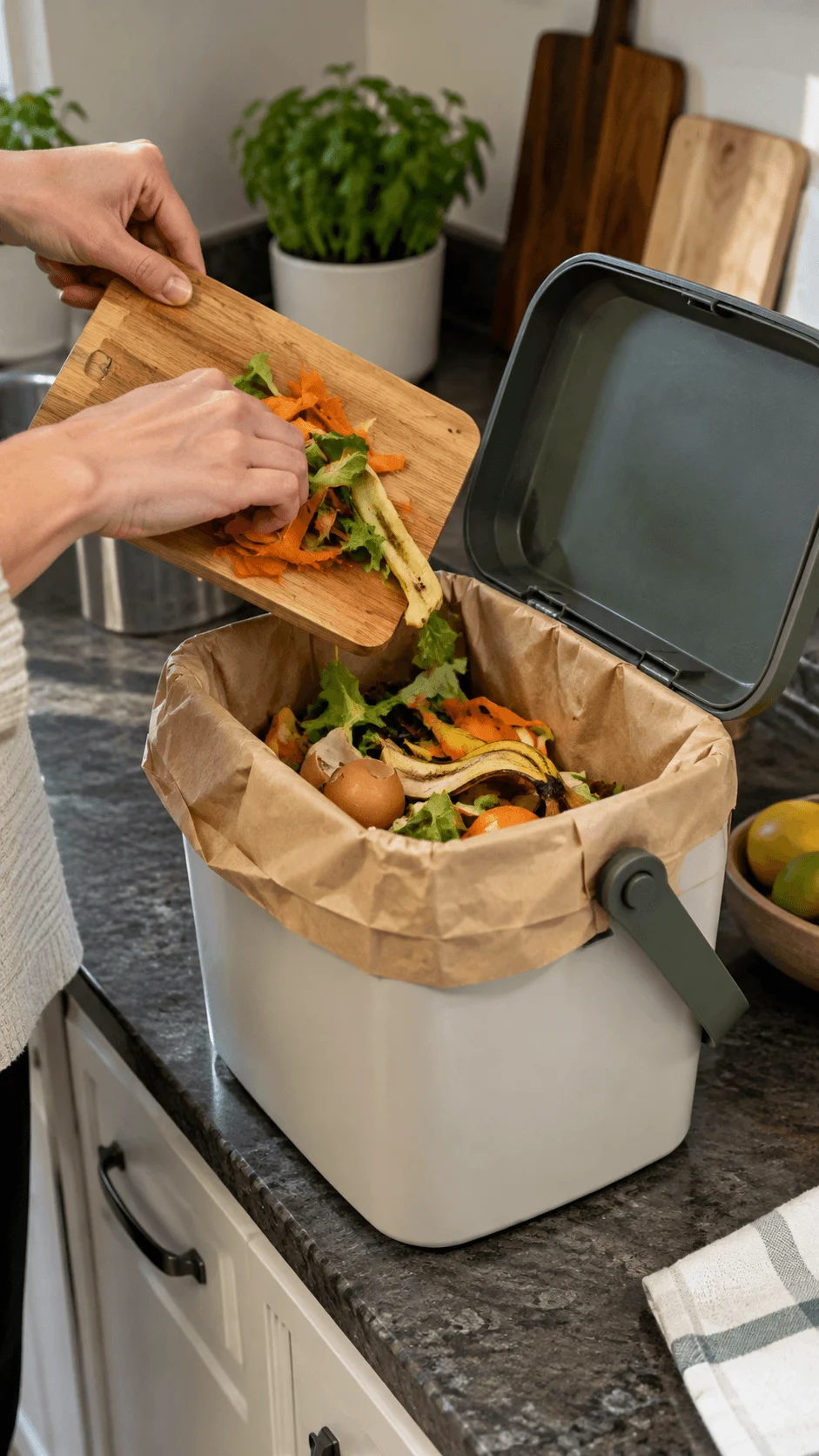 Plastic free food waste sorting with a paper lined kitchen caddy filled with vegetable peels fruit scraps and eggshells