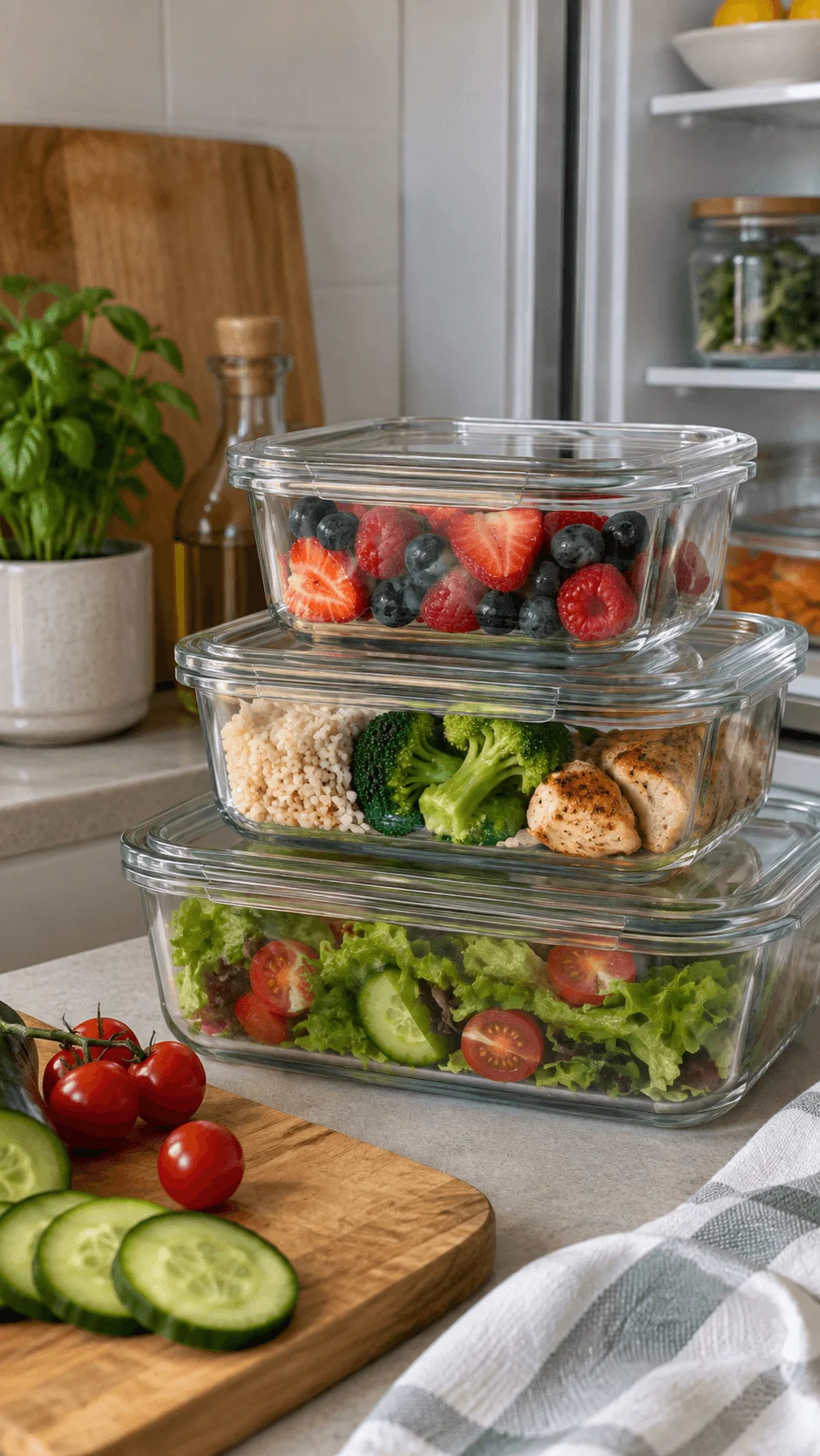 Plastic free glass food storage containers with glass lids filled with fresh berries chicken rice broccoli and salad in a modern sustainable kitchen