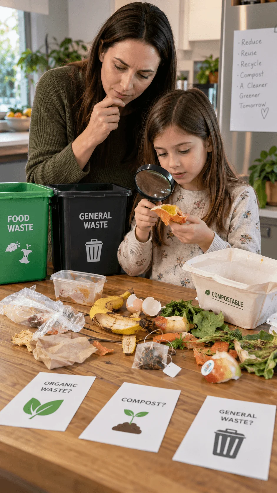Mother and daughter examining kitchen scraps during a food waste sorting activity with food waste compost and general waste categories